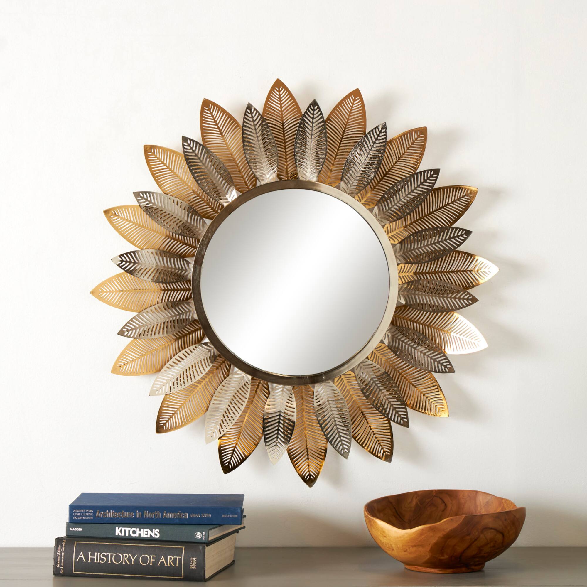 Gold Metal Abstract Layered Leaf Wall Mirror with Flower Shape